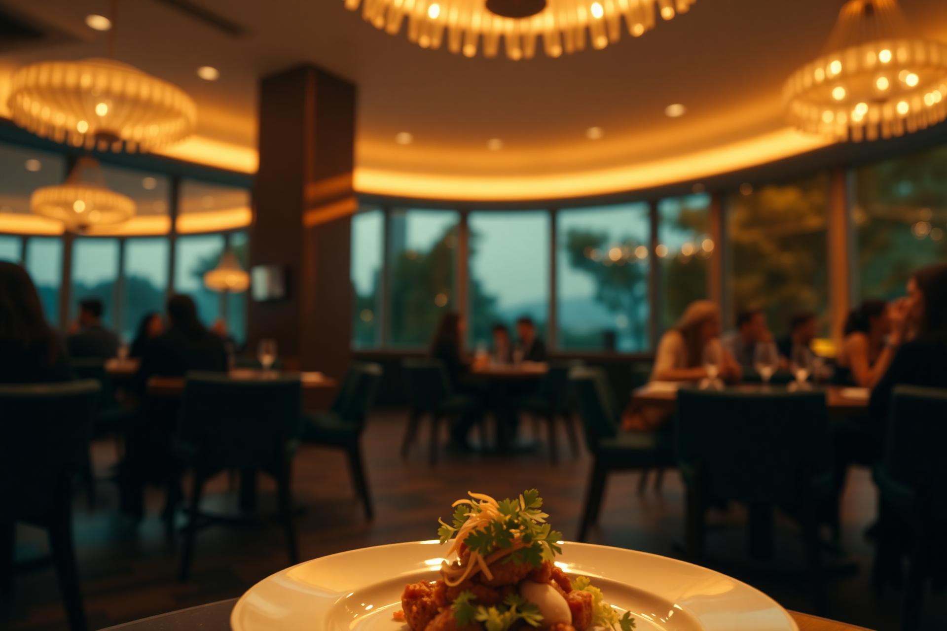 Modern restaurant interior at golden hour